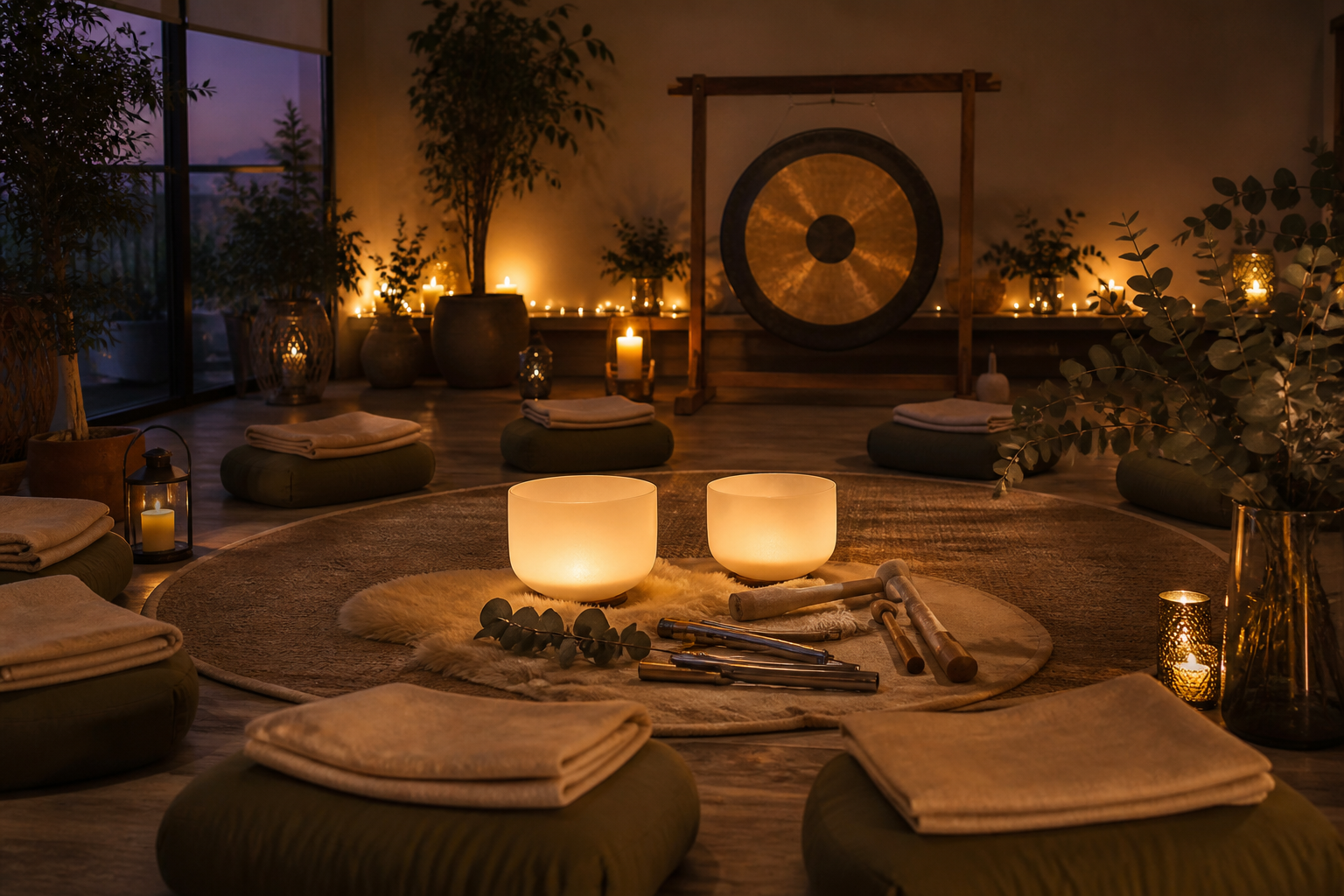Calm Reset wellbeing circle with singing bowls, cushions, a gong and candlelight
