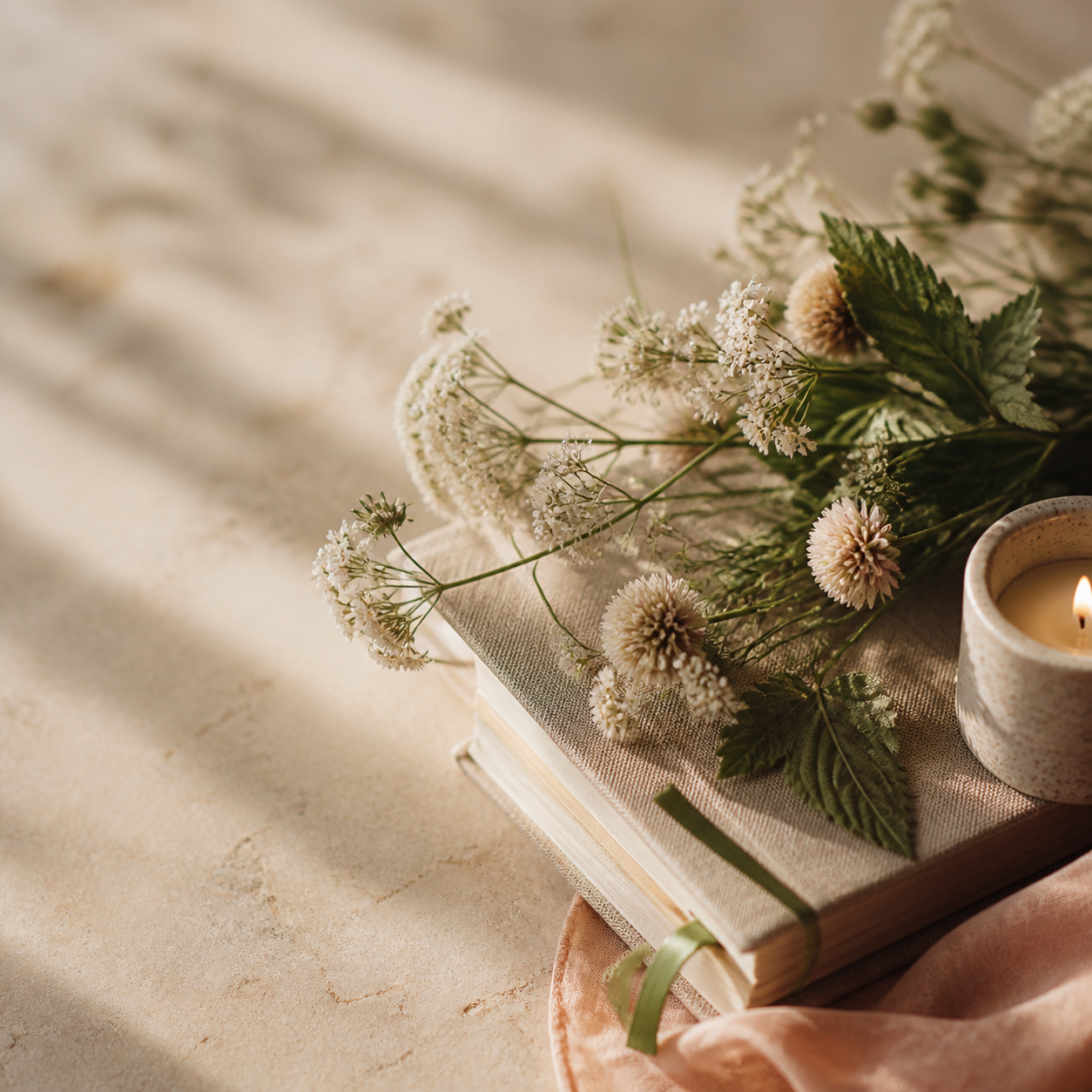Flowers and a candle in a calm, reflective setting